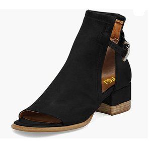 FSJ Black Peep Open Toe Cut Out Buckle Block Low Heeled Ankle Bootie
